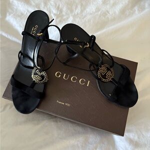 Gucci Black Suede Sandals with jewelled GG logo